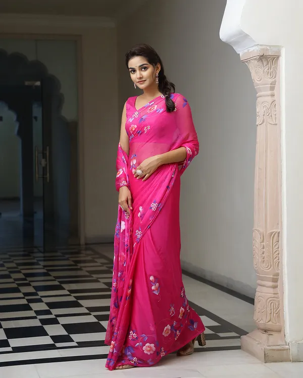 Magenta_Floral_H_Painted_Chiffon_Saree_For_Women